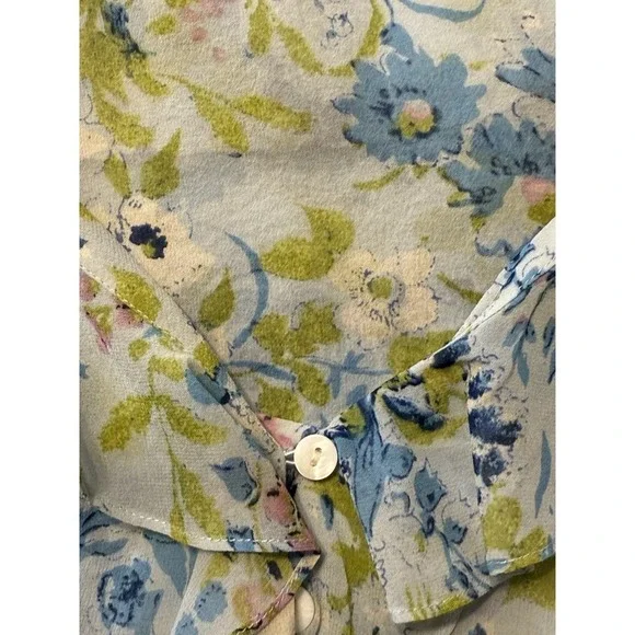 I.E.‎ Blue Green Floral Silk Ruffle V-Neck Button Down Top 10 Cottagecore 79-42 - Picture 9 of 14